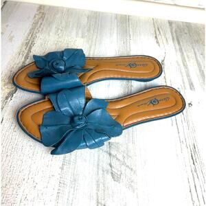 Born Crown Womens 10 Blue Leather Floral Flat Slip-On Sandal Designer Shoe